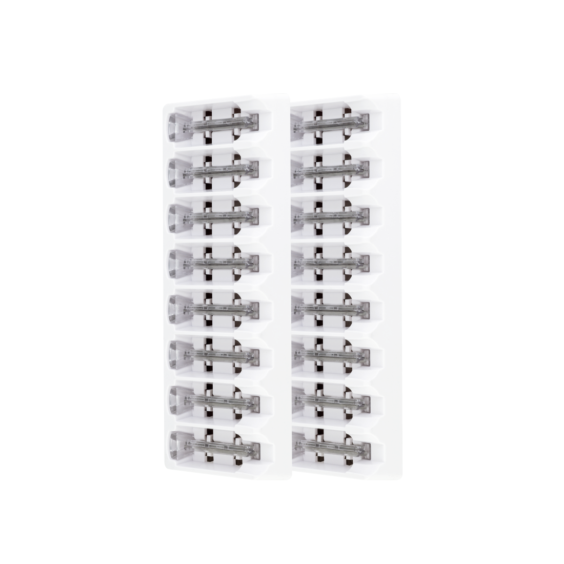 4 Month Supply - Two vertical rows of Sonicsmooth Clear Refill Tips by Michael Todd Beauty are arranged on a white background, showcasing their stainless steel connections for durability.