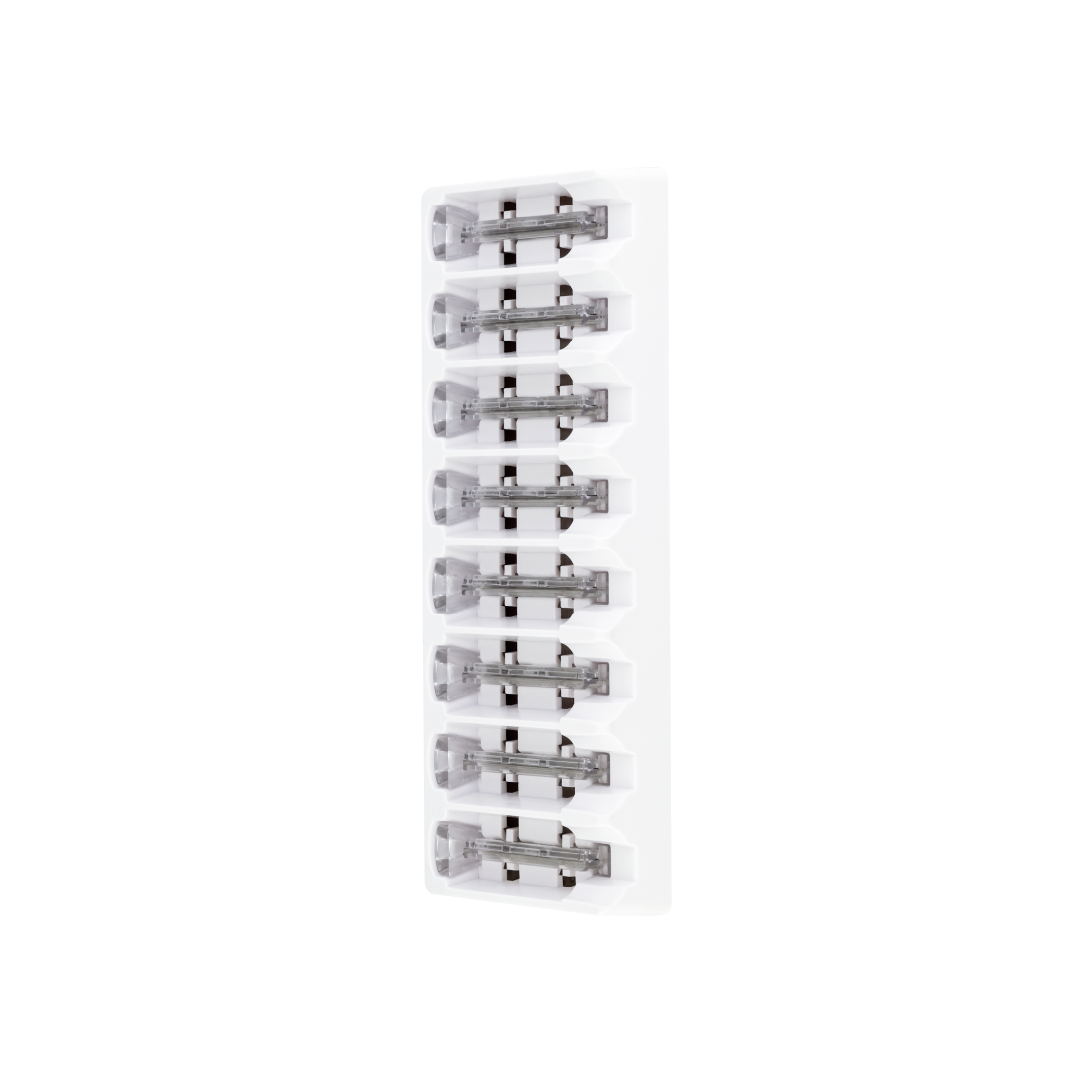 2 Month Supply - The Sonicsmooth Clear Refill Tips by Michael Todd Beauty is a white plastic holder containing nine replaceable razor blade cartridges, each with medical-grade safety tips arranged in a vertical column.